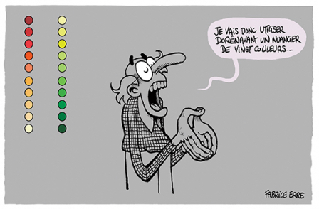 Un homme, probablement un enseignant dit : Je vais donc utiliser dorénavant un nuancier de vingt couleurs. C'est un dessin humoristique sur l'évaluation.