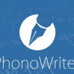 Icône PhonoWriter, stylo plume sur fond bleu.