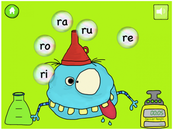 Sorte de monstre sur fond vert avec quelques syllabes.