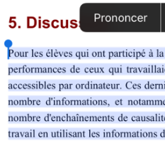Illustration sélectionner le texte et choisir prononcer ou énoncer.